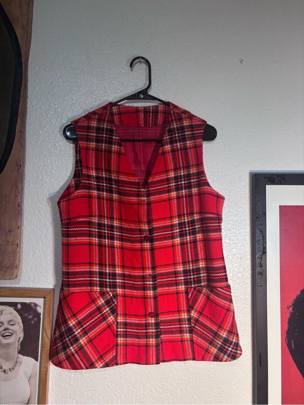 Classic Vintage Red Plaid Sleeveless Dress Vest with missing button
